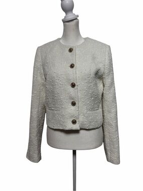 Jason Wu Ivory Boucle Tweed Cropped Jacket Gold Buttons Coquette Chic Size 10